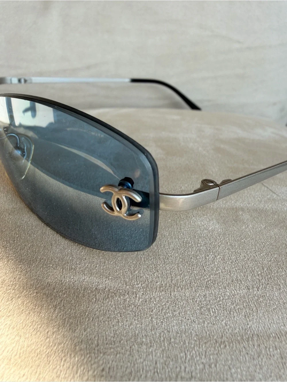 Chanel Silver Rim Grey Lens Logo Sunglasses